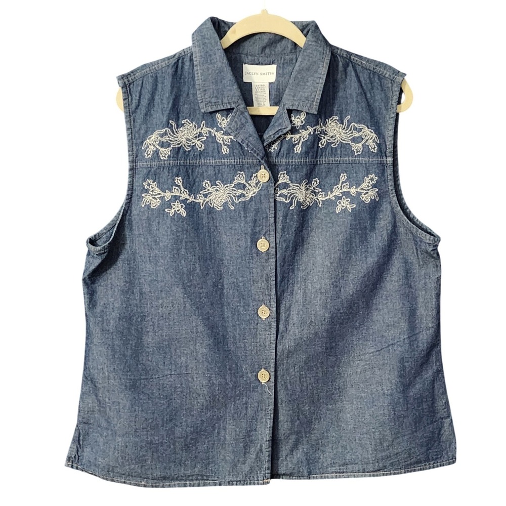 Jaclyn Smith Women's‎ Western Denim Sleeveless Top Blue Floral Embroidered XL